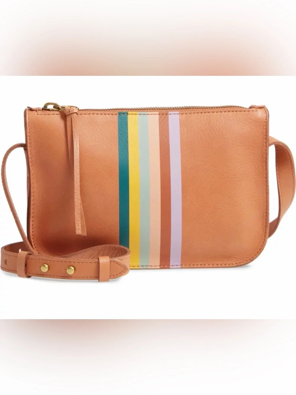 Madewell Tan Leather Wristlet with Multicolor Vertical Stripes